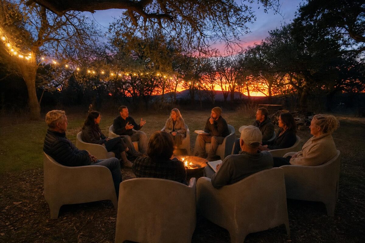 A small group in conversation around a fire pit under string lights at dusk